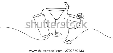 One continuous line of cocktail and juice set Minimalist simple linear style. Vector outline illustration.