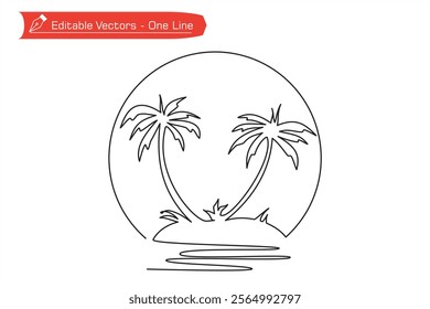 One continuous line of coconut tree image on the island on beach with circle as symbol or icon of moon, sun, sunrise and sunset. Vector illustration of one line beach image.