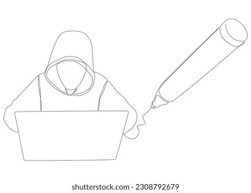 One continuous line of Computer Hacker drawn by with felt tip pen. Thin Line Illustration vector concept. Contour Drawing Creative ideas.