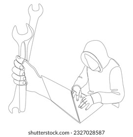 One continuous line of Computer Hacker with Laptop and Wrench. Thin Line Illustration vector concept. Contour Drawing Creative ideas.