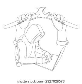 One continuous line of Computer Hacker with Laptop and Wrench. Thin Line Illustration vector concept. Contour Drawing Creative ideas.