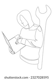 One continuous line of Computer Hacker with Laptop and Wrench. Thin Line Illustration vector concept. Contour Drawing Creative ideas.