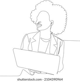 Una línea continua es el concepto. Ilustración vectorial. Dibujo continuo de un retrato de una atractiva funcionaria de préstamos africana que negocia o empresaria en su portátil de oficina. 