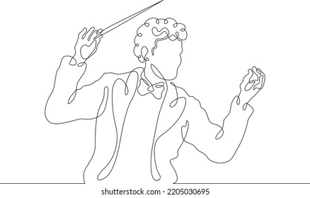 One continuous line.The conductor of orchestra. A musician conducts a concert. Conductor in a tuxedo directs a classical symphony orchestra. One continuous line is drawn on a white background.