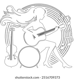 One continuous line. The conductor of orchestra. A musician conducts a concert, Continuous lines, guitar instruments, instrumental music, simple style, hand-drawn vector illustration