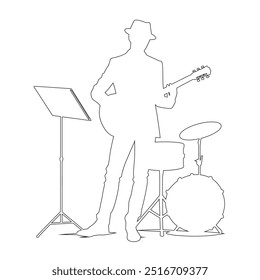 One continuous line. The conductor of orchestra. A musician conducts a concert, Continuous lines, guitar instruments, instrumental music, simple style, hand-drawn vector illustration