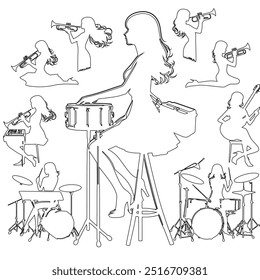 One continuous line. The conductor of orchestra. A musician conducts a concert, Continuous lines, guitar instruments, instrumental music, simple style, hand-drawn vector illustration