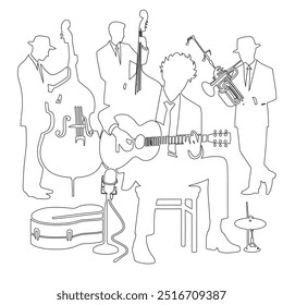 One continuous line. The conductor of orchestra. A musician conducts a concert, Continuous lines, guitar instruments, instrumental music, simple style, hand-drawn vector illustration