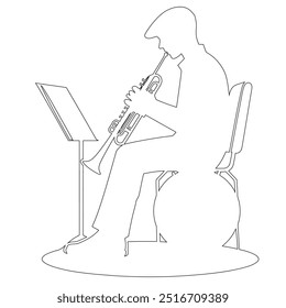 One continuous line. The conductor of orchestra. A musician conducts a concert, Continuous lines, guitar instruments, instrumental music, simple style, hand-drawn vector illustration