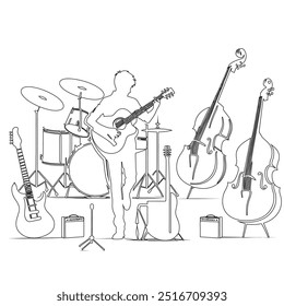 One continuous line. The conductor of orchestra. A musician conducts a concert, Continuous lines, guitar instruments, instrumental music, simple style, hand-drawn vector illustration