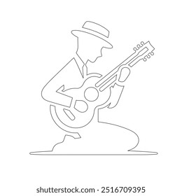 One continuous line. The conductor of orchestra. A musician conducts a concert, Continuous lines, guitar instruments, instrumental music, simple style, hand-drawn vector illustration