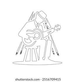 One continuous line. The conductor of orchestra. A musician conducts a concert, Continuous lines, guitar instruments, instrumental music, simple style, hand-drawn vector illustration