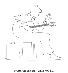 One continuous line. The conductor of orchestra. A musician conducts a concert, Continuous lines, guitar instruments, instrumental music, simple style, hand-drawn vector illustration