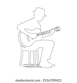 One continuous line. The conductor of orchestra. A musician conducts a concert, Continuous lines, guitar instruments, instrumental music, simple style, hand-drawn vector illustration