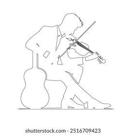 One continuous line. The conductor of orchestra. A musician conducts a concert, Continuous lines, guitar instruments, instrumental music, simple style, hand-drawn vector illustration