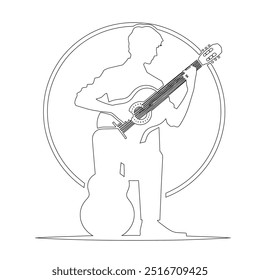 One continuous line. The conductor of orchestra. A musician conducts a concert, Continuous lines, guitar instruments, instrumental music, simple style, hand-drawn vector illustration