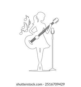 One continuous line. The conductor of orchestra. A musician conducts a concert, Continuous lines, guitar instruments, instrumental music, simple style, hand-drawn vector illustration