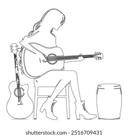 One continuous line. The conductor of orchestra. A musician conducts a concert, Continuous lines, guitar instruments, instrumental music, simple style, hand-drawn vector illustration