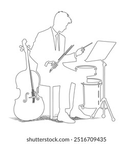 One continuous line. The conductor of orchestra. A musician conducts a concert, Continuous lines, guitar instruments, instrumental music, simple style, hand-drawn vector illustration