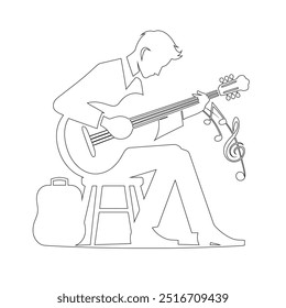 One continuous line. The conductor of orchestra. A musician conducts a concert, Continuous lines, guitar instruments, instrumental music, simple style, hand-drawn vector illustration