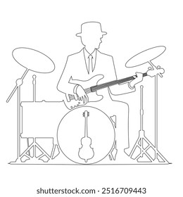 One continuous line. The conductor of orchestra. A musician conducts a concert, Continuous lines, guitar instruments, instrumental music, simple style, hand-drawn vector illustration