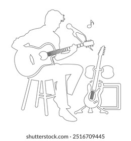 One continuous line. The conductor of orchestra. A musician conducts a concert, Continuous lines, guitar instruments, instrumental music, simple style, hand-drawn vector illustration