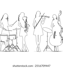 One continuous line. The conductor of orchestra. A musician conducts a concert, Continuous lines, guitar instruments, instrumental music, simple style, hand-drawn vector illustration