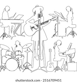 One continuous line. The conductor of orchestra. A musician conducts a concert, Continuous lines, guitar instruments, instrumental music, simple style, hand-drawn vector illustration