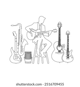 One continuous line. The conductor of orchestra. A musician conducts a concert, Continuous lines, guitar instruments, instrumental music, simple style, hand-drawn vector illustration