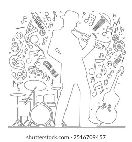 One continuous line. The conductor of orchestra. A musician conducts a concert, Continuous lines, guitar instruments, instrumental music, simple style, hand-drawn vector illustration