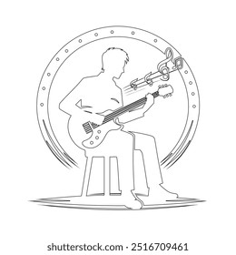 One continuous line. The conductor of orchestra. A musician conducts a concert, Continuous lines, guitar instruments, instrumental music, simple style, hand-drawn vector illustration