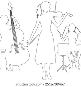 One continuous line. The conductor of orchestra. A musician conducts a concert, Continuous lines, guitar instruments, instrumental music, simple style, hand-drawn vector illustration