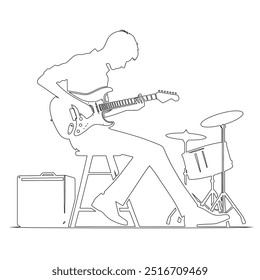 One continuous line. The conductor of orchestra. A musician conducts a concert, Continuous lines, guitar instruments, instrumental music, simple style, hand-drawn vector illustration