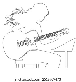 One continuous line. The conductor of orchestra. A musician conducts a concert, Continuous lines, guitar instruments, instrumental music, simple style, hand-drawn vector illustration