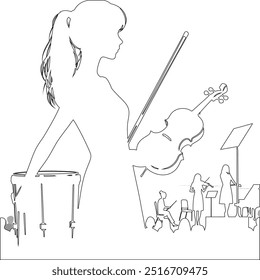 One continuous line. The conductor of orchestra. A musician conducts a concert, Continuous lines, guitar instruments, instrumental music, simple style, hand-drawn vector illustration