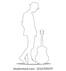 One continuous line. The conductor of orchestra. A musician conducts a concert, Continuous lines, guitar instruments, instrumental music, simple style, hand-drawn vector illustration