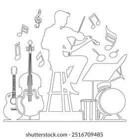 One continuous line. The conductor of orchestra. A musician conducts a concert, Continuous lines, guitar instruments, instrumental music, simple style, hand-drawn vector illustration