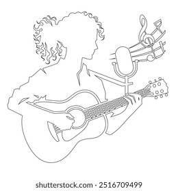 One continuous line. The conductor of orchestra. A musician conducts a concert, Continuous lines, guitar instruments, instrumental music, simple style, hand-drawn vector illustration