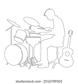 One continuous line. The conductor of orchestra. A musician conducts a concert, Continuous lines, guitar instruments, instrumental music, simple style, hand-drawn vector illustration