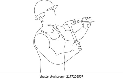 One continuous line. Construction worker. The builder uses a hammer. Construction works. Building renovation. One continuous line is drawn on a white background.