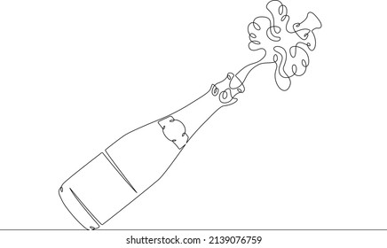 One continuous line.The cork flies out of a bottle of champagne.Bottle of wine and glass.Alcohol and wine glasses.Champagne cork flies out of the bottle of sparkling wine.Continuous line drawing