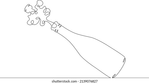 One continuous line.The cork flies out of a bottle of champagne.Bottle of wine and glass.Alcohol and wine glasses.Champagne cork flies out of the bottle of sparkling wine.Continuous line drawing