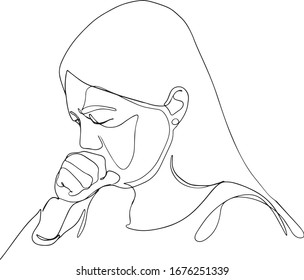 One continuous line of Coronavirus COVID-19 in lung Symptoms of disease A Woman coughing. patient. Vector illustration. woman feeling sick, coughing, wearing protective mask drawing