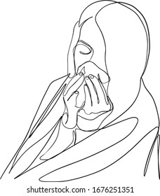 One continuous line of Coronavirus COVID-19 in lung Symptoms of disease A Woman coughing. patient. Vector illustration. woman feeling sick, coughing, wearing protective mask drawing