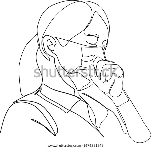 麝香の咳による肺症状のコロナウイルスcovid 19の連続1行 患者さん ベクターイラスト 病気で咳が出る 保護マスクをかけた女性 のベクター画像素材 ロイヤリティフリー