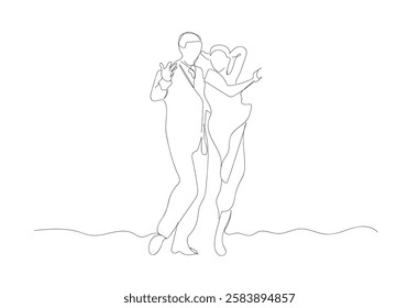 One continuous line of a couple was dancing at a party one night vector illustration. Valentine's concept. Dancing during party design.  Hand made vector not AI.