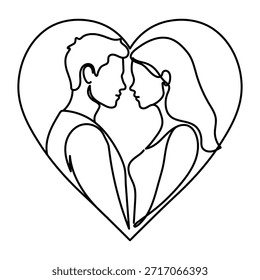 Una línea continua. Pareja de amantes abrazándose y besándose. San Valentín. Retrato de una pareja joven en un símbolo de amor del corazón. Dibujo de línea continua. Línea de arte aislado fondo blanco Trazo editable