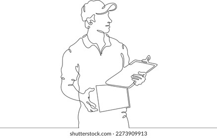 One continuous line. Courier with parcels. Mail delivery. Postman. Courier in a baseball cap. Parcel in a box. One continuous line drawn isolated, white background.