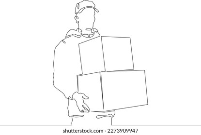 One continuous line. Courier with parcels. Mail delivery. Postman. Courier in a baseball cap. Parcel in a box. One continuous line drawn isolated, white background.