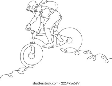 One continuous line. The cyclist descends the mountain. Mountain bike. The athlete rides a bike. One continuous line is drawn on a white background.
